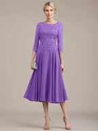 A-line Scoop Tea-Length Lace Chiffon Mother of the Bride Dress by Dreamylily