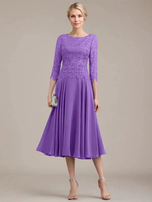 A-line Scoop Tea-Length Lace Chiffon Mother of the Bride Dress by Dreamylily