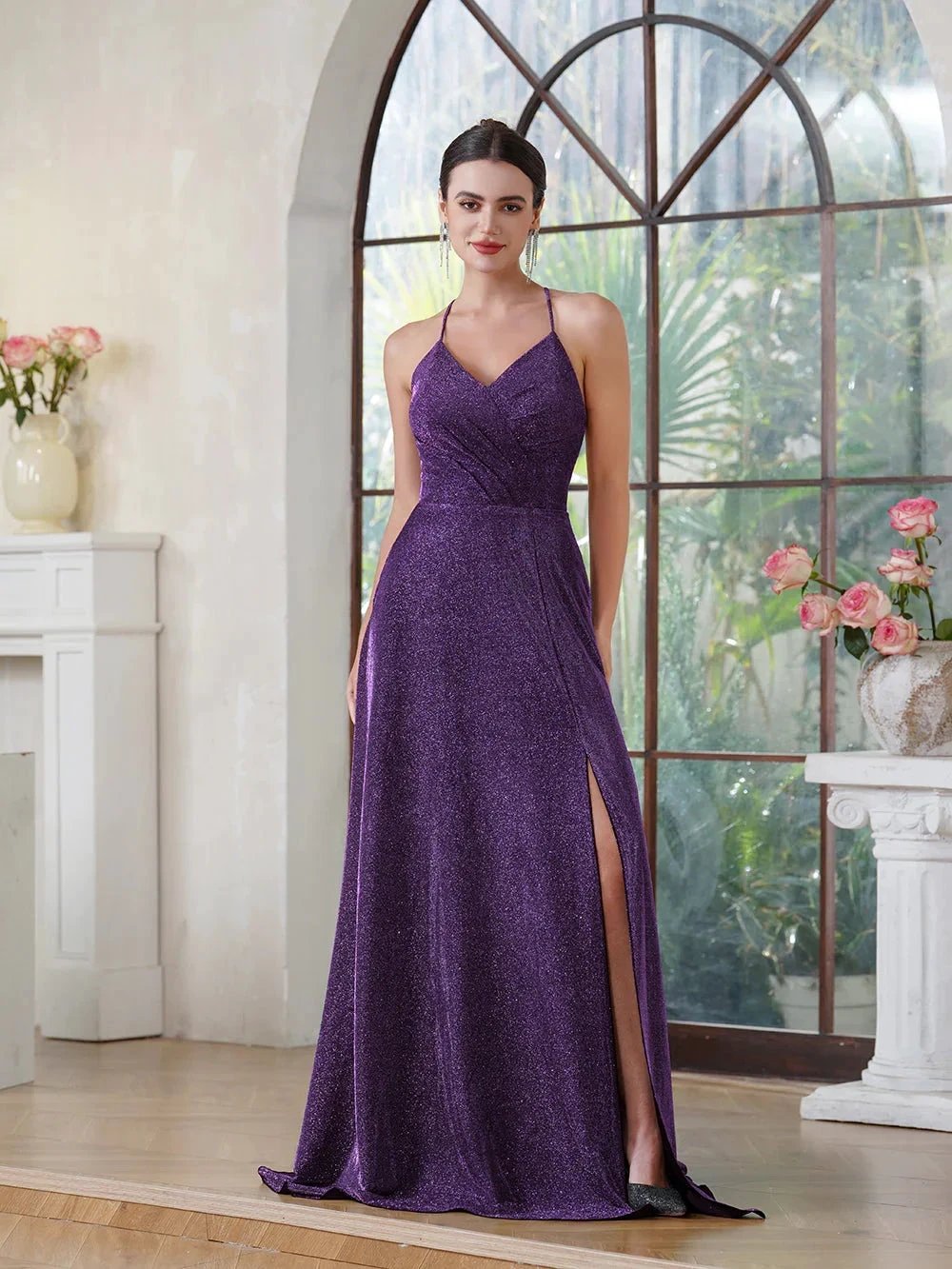 Elegant Long A-line V-Neck Halter Shiny Silk Prom Dress With Side Slit Party Dress with Pocket by BIZTUNNEL