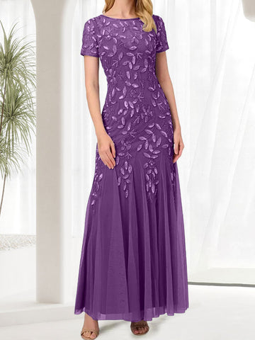 Vestido largo de sirena azul con cuello redondo para madre de la novia con cuentas