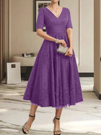 A-line V-Neck Tea-Length Tulle Lace Mother of the Bride Dress With Pleated by Dreamylily