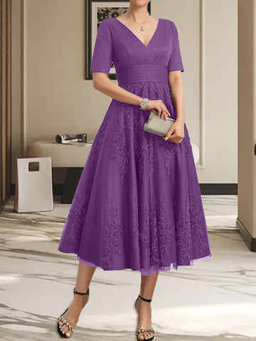A-line V-Neck Tea-Length Tulle Lace Mother of the Bride Dress With Pleated