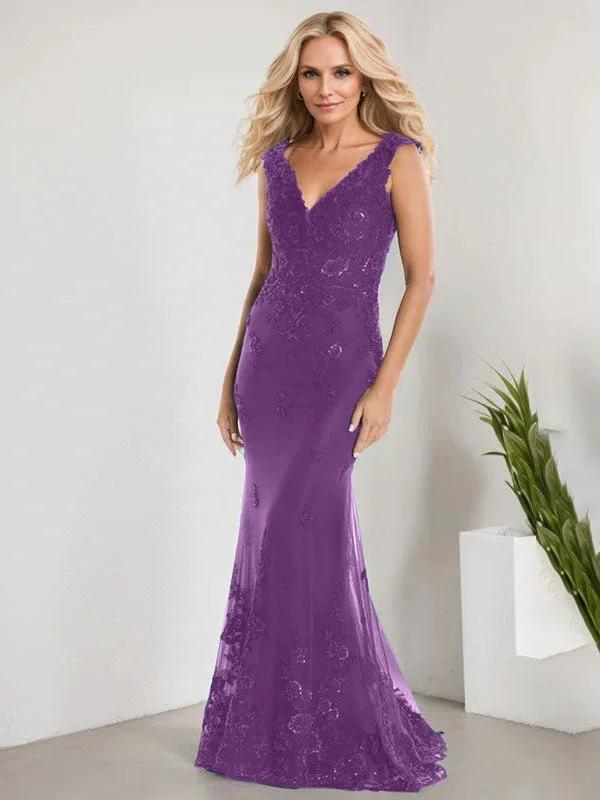 A-line V-Neck Floor-Length Lace Chiffon Mother of the Bride Dress With Applique Sequins Mermaid Dresses by Dreamylily