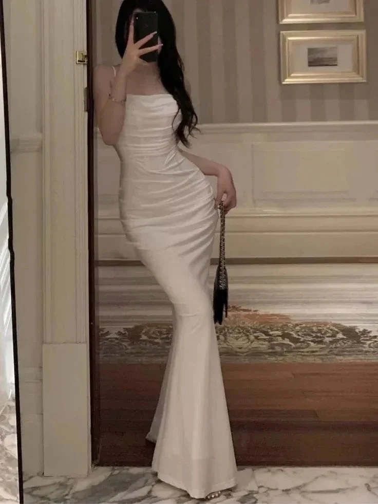 Sexy Spaghetti Straps White Mermaid Evening Dress Long Prom Dress Y7787 by simplepromdress
