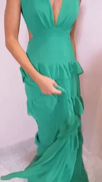 Emerald Green Deep V Neck Layered Ruffles Evening Dress Backless Long Prom Dress Y8386 by simplepromdress