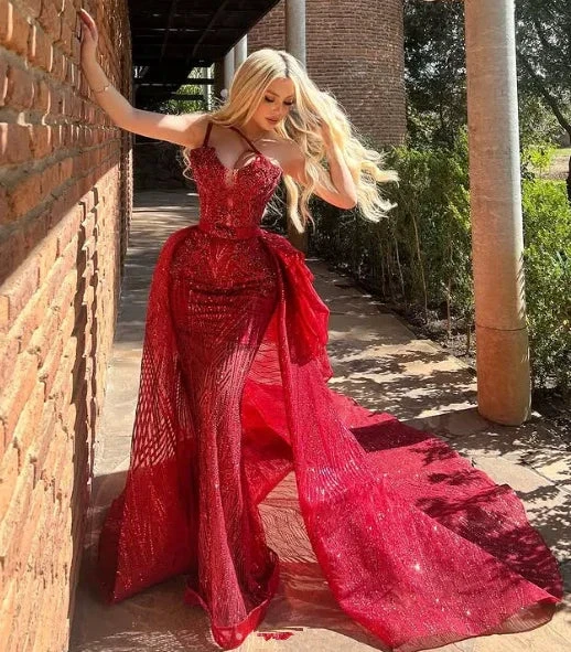 Sparkly Burgundy Tulle Sequins Mermaid Long Prom Dress Evening Dress Y8535 by simplepromdress