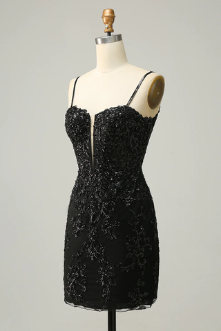 Sequins Spaghetti Straps Black Short Homecoming Dress Y3072