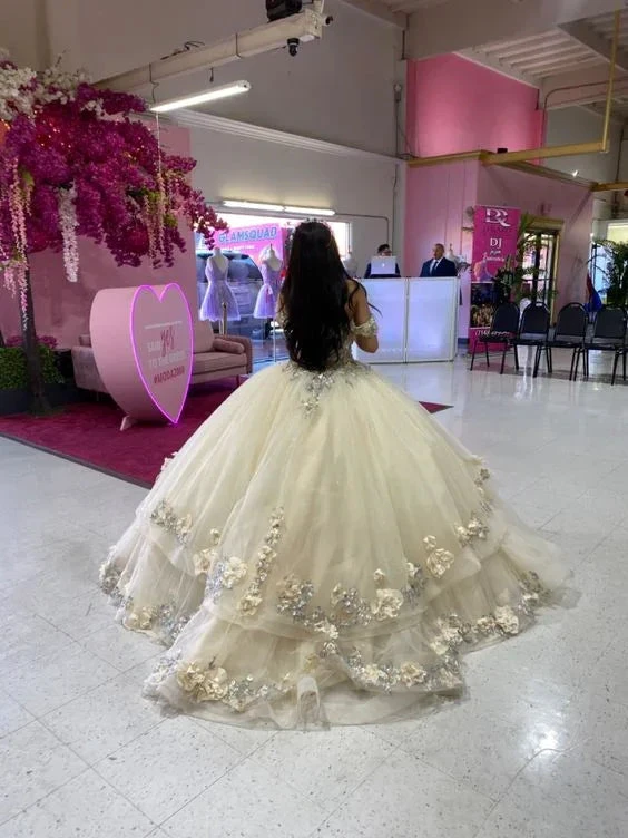 Champagne quince dress with flowers forest sweet 16 dress off the shoulder ball gown Y3026 by simplepromdress