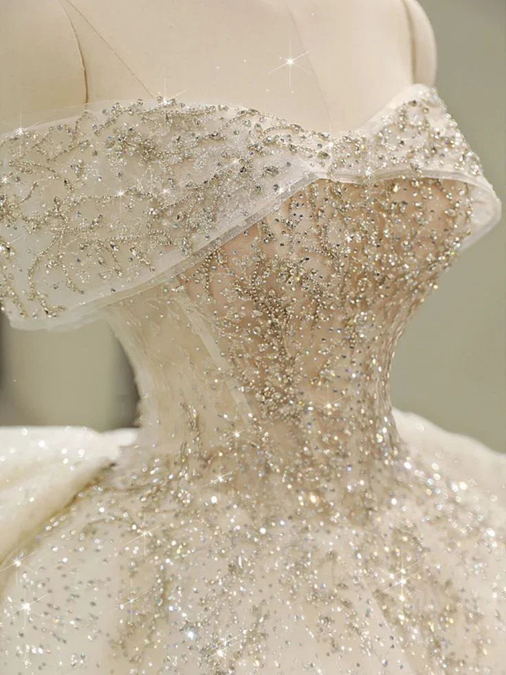 Vestidos de novia con hombros descubiertos, vestido de princesa con cola larga, vestido de novia blanco sin espalda Y6868