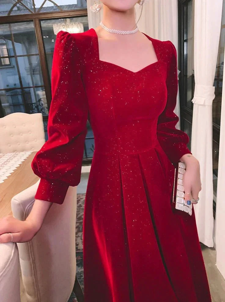 Elegant red velvet evening dress with sparkly accents from ZAPDRESS