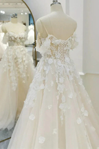 Off Shoulder Light Champagne Tulle Lace Long Wedding Dress Y211 by simplepromdress