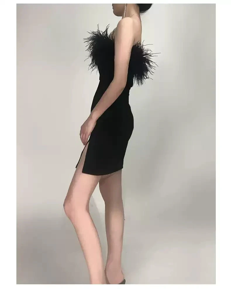 Womens Feather Off Shoulder Bandage Dresses Side Split Cocktail Party Bodycon Dress Black Short Homecoming Dress Y1356 by simplepromdress