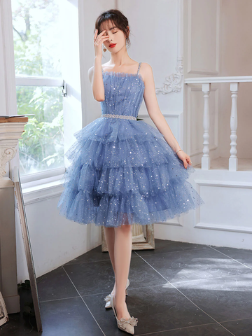 Short Puffy Blue Prom Dress Tulle Short Blue Puffy Homecoming Dress Y2620