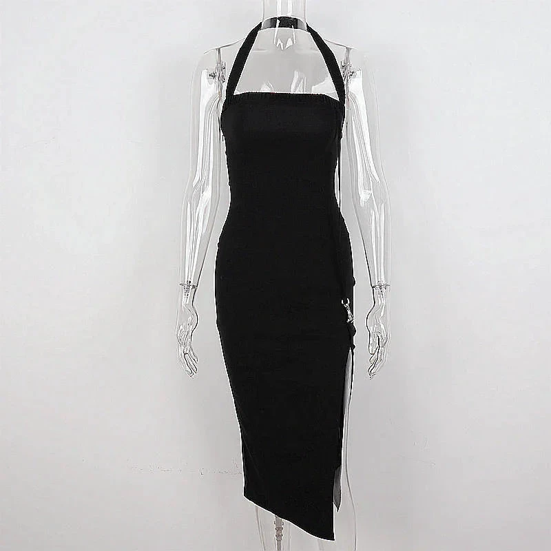 Women's Black Halter Prom Dress With Slit Sexy Black Sleeveless Evening Dress Y1161 by simplepromdress