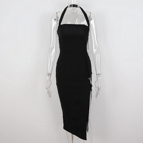 Women's Black Halter Prom Dress With Slit Sexy Black Sleeveless Evening Dress Y1161