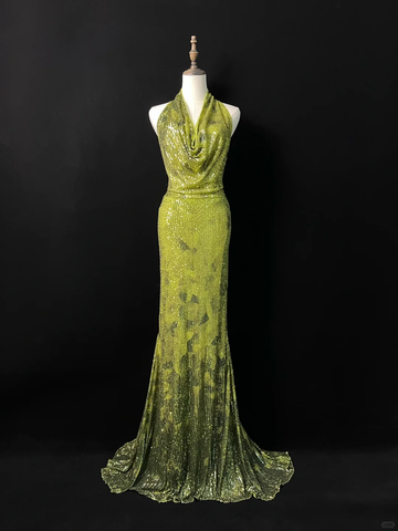 Gorgeous Green Halter Sequins Backless Prom Dress Long Mermaid Evening Dress Y8647