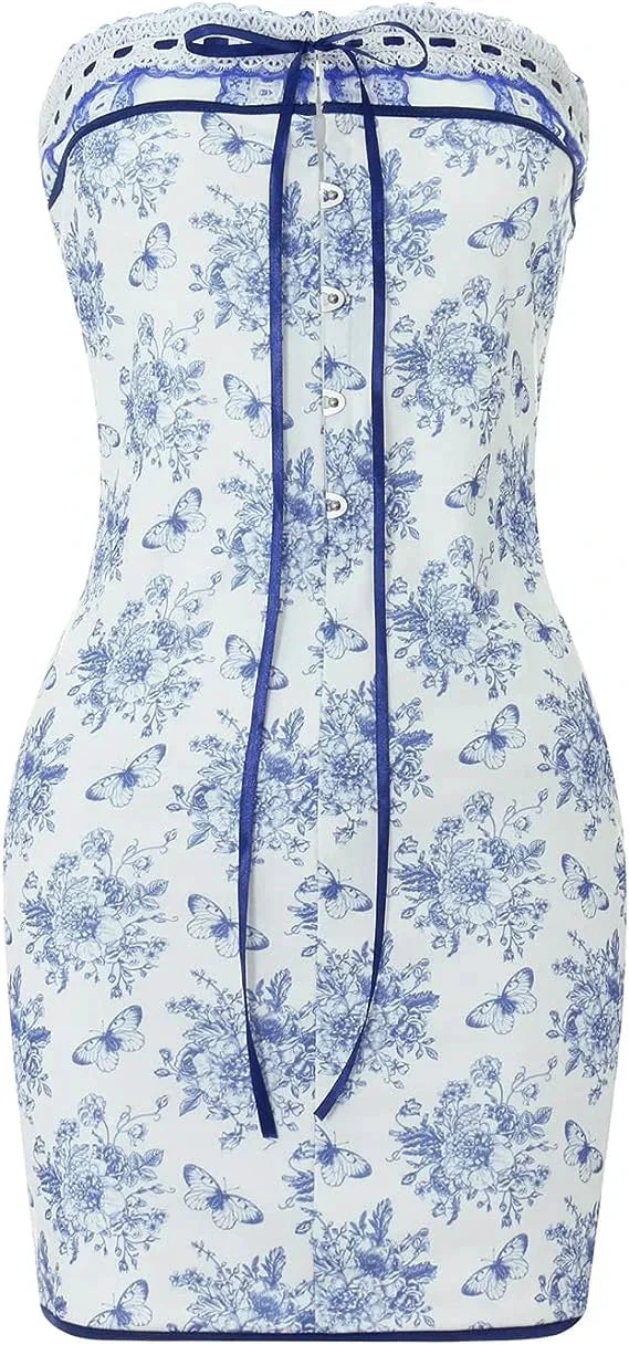 Blue Floral Corset Strapless Flower and Butterfly Mini Homecoming Dress Y2664 by simplepromdress