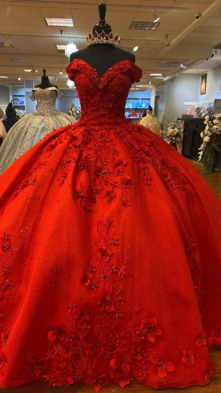 Luxurious Red 3D Flowers Ball Gown,Sweet 16 Dress,Quinceanera Dress Y5321 by simplepromdress