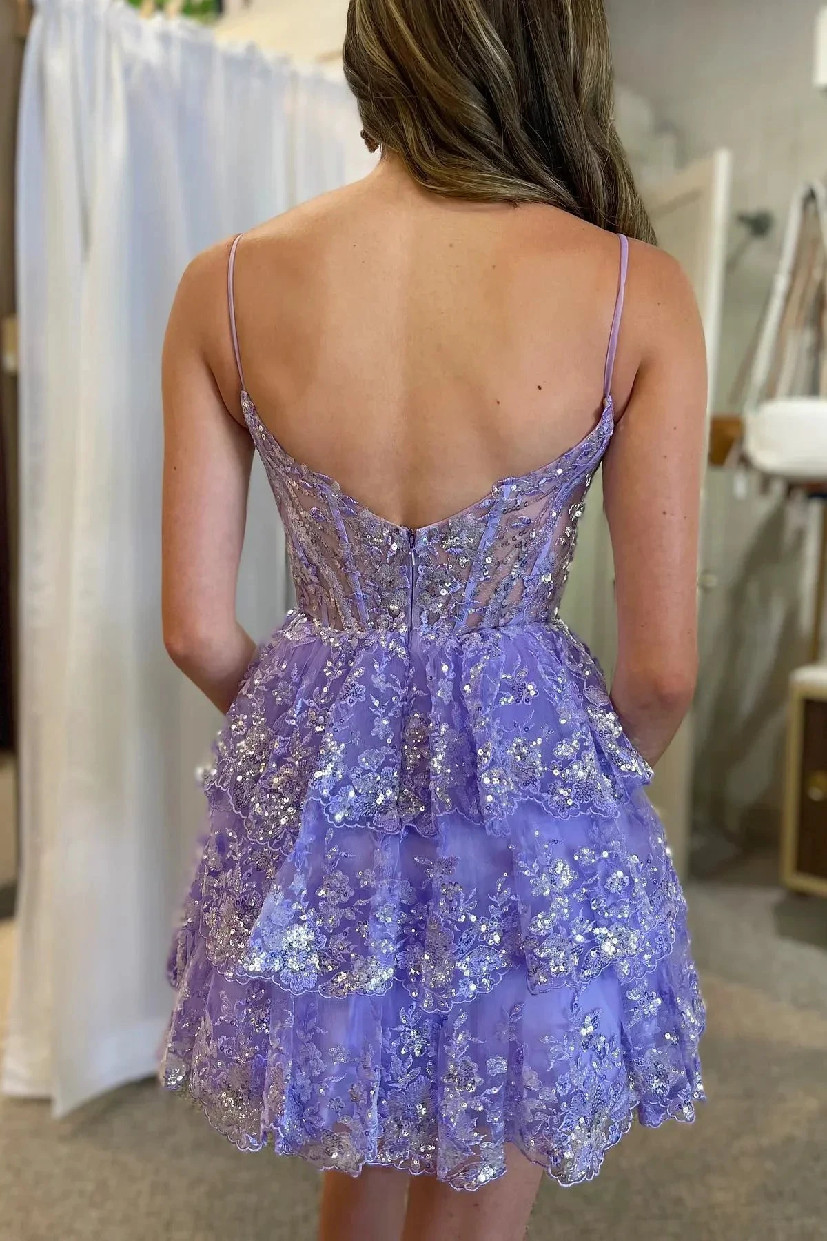 Lavender Straps Sequined Multi-Layers Tulle Homecoming Dress Y2832 by simplepromdress