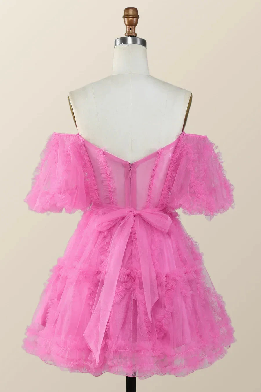 Off the Shoulder Hot Pink Ruffles Short A-line Homecoming Dress Y2783 by simplepromdress
