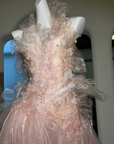Fairy Pink Tulle Beaded Prom Dress Long Backless Evening Dress Y8564