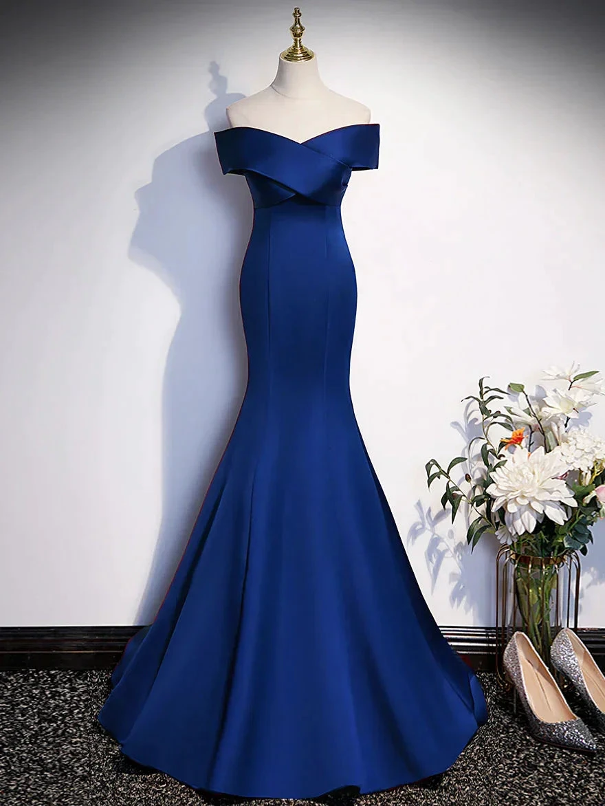 Royal Blue Mermaid Satin Long Prom Dress Off Shoulder Blue Evening Dress Y7429 by simplepromdress