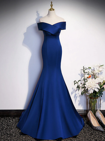 Vestido de fiesta largo de satén azul real con corte sirena y hombros descubiertos, vestido de noche azul Y7429