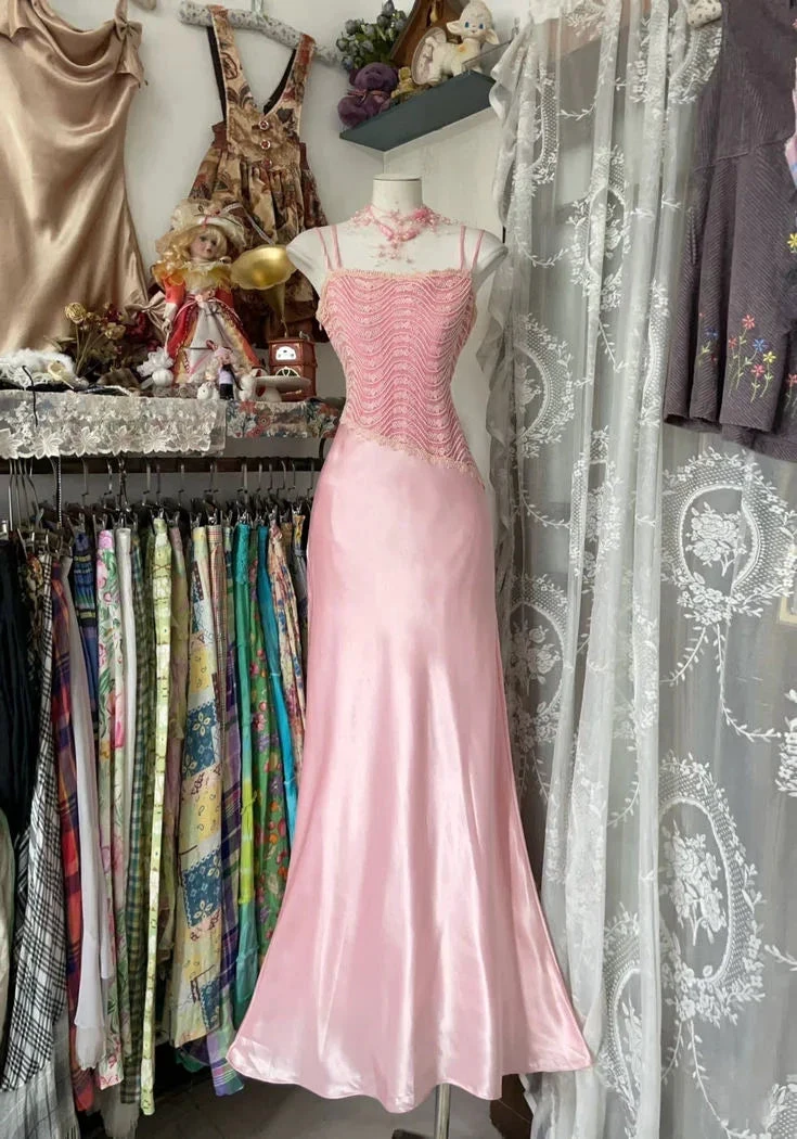 Chic Pink Spaghetti Straps Satin Mermaid Prom Evening Dress Y8104 by simplepromdress