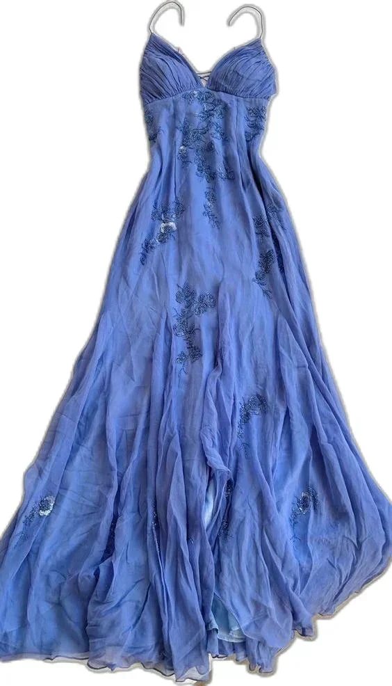 Classy Spaghetti Straps Blue Chiffon Long Prom Dress Party Evening Dress Y7457 by simplepromdress