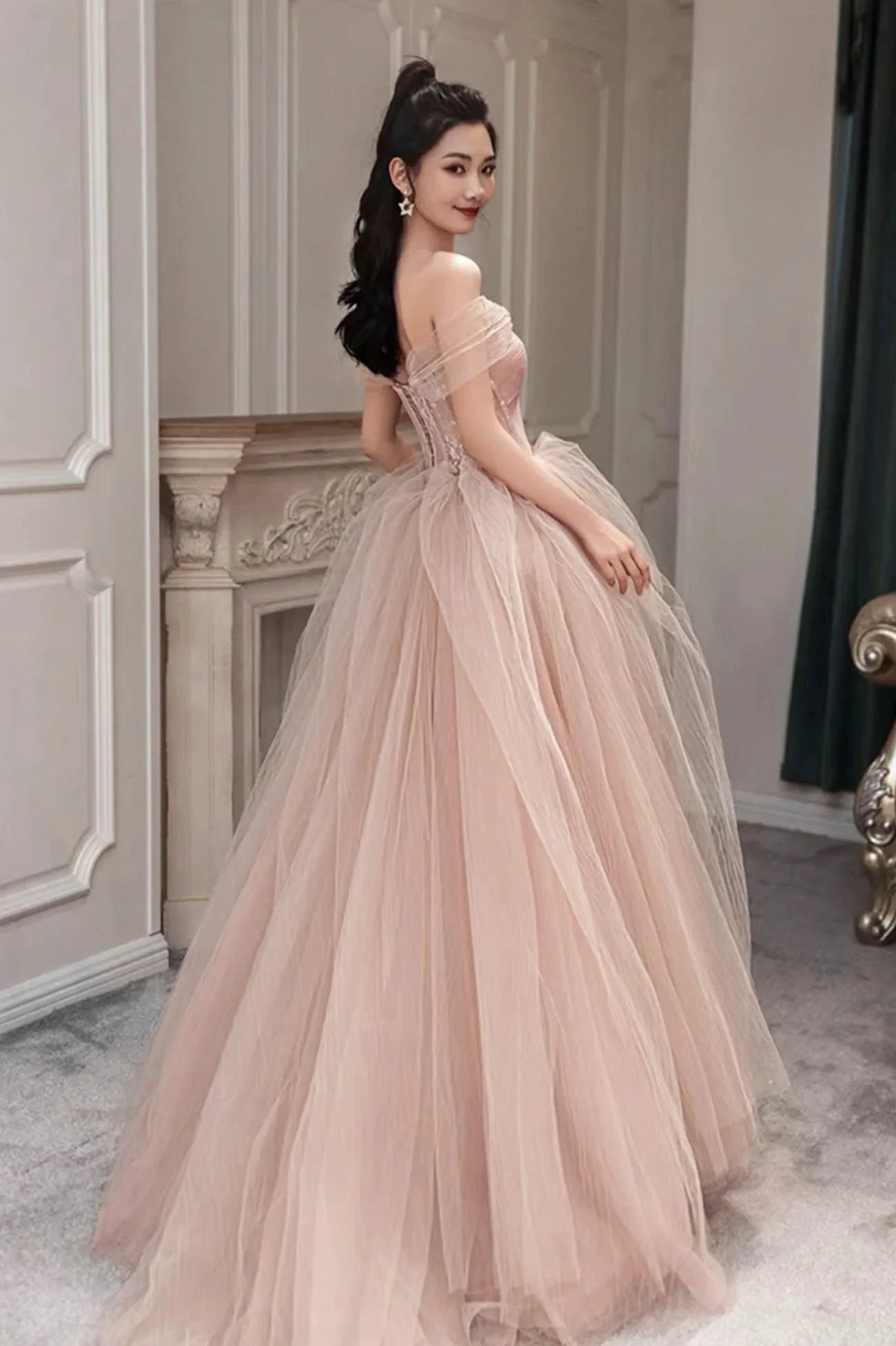 Pink Tulle Long Prom Dress Pink Evening Dress Y1825 by simplepromdress