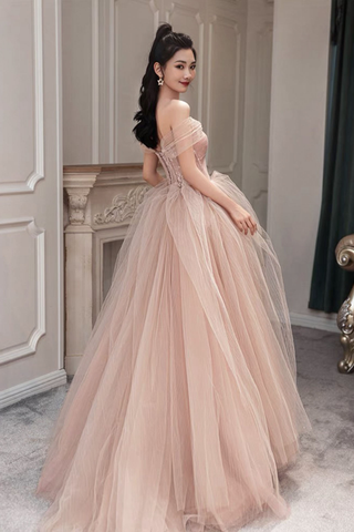 Vestido de fiesta largo de tul rosa Vestido de noche rosa Y1825