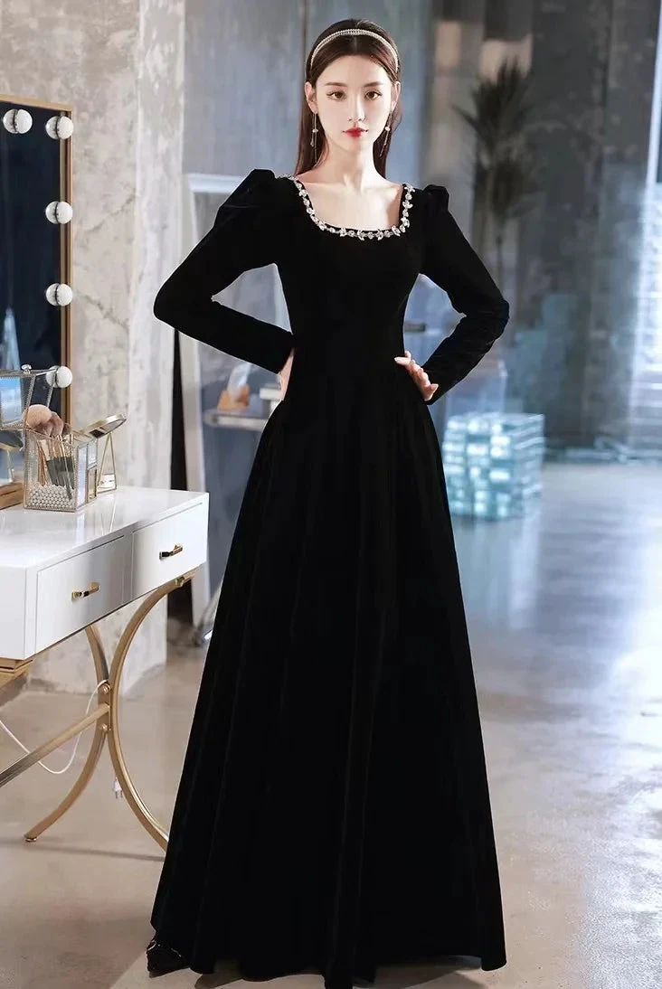 Black evening dress,high sense velvet long sleeve evening dress, custom made Y2934 by simplepromdress