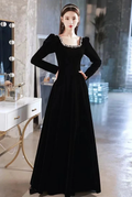 Black evening dress,high sense velvet long sleeve evening dress, custom made Y2934 by simplepromdress
