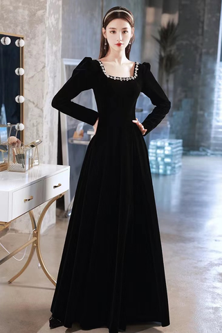 Vestido de noche negro, vestido de noche de manga larga de terciopelo de alta calidad, hecho a medida Y2934