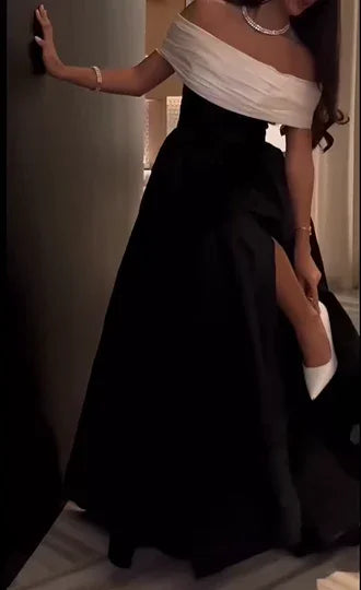 Luxury Black And White Satin Prom Dresses With Removable Tail Custom Made Cocktail Party Evening Dress Y5025