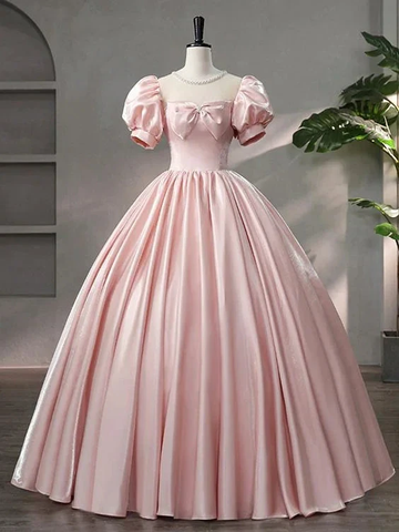 Beautiful Pink Scoop Neck Satin Floor Length Prom Dress A-Line Short Sleeve Evening Dress with Bow Y6082 by simplepromdress