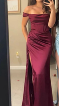 Burgundy Satin Off The Shoulder Slit Prom Dress Evening Dress Y7831 by simplepromdress