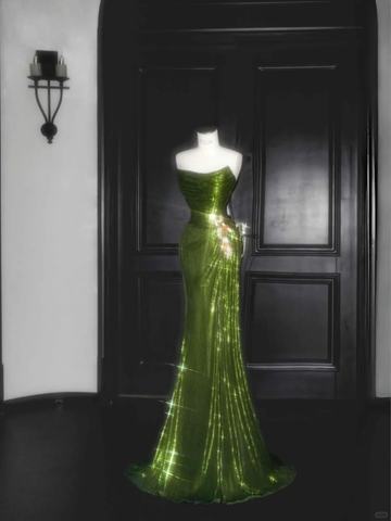 Unique Strapless Green Sequin Prom Dress Long Mermaid Evening Dress Y8659