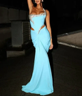 Gorgeous Blue One Shoulder Satin Sequined Evening Dress Long Mermaid Prom Dress Y8405 by simplepromdress