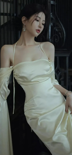 Sexy Backless Long Prom Dress White Satin Long Sleeves Evening Gown Y2080 by simplepromdress