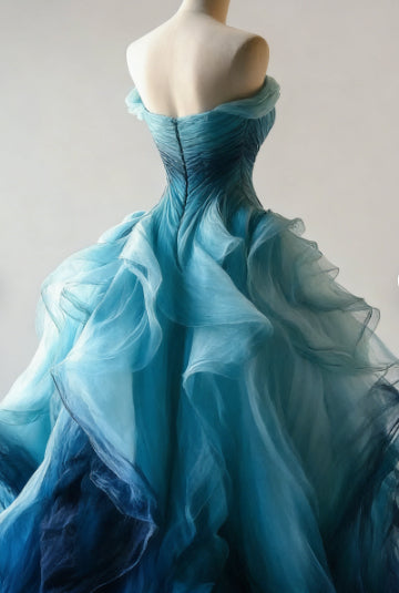 Luxury Ombre Blue Organza Evening Dress A Line Off The Shoulder Prom Dress (ZD01111)