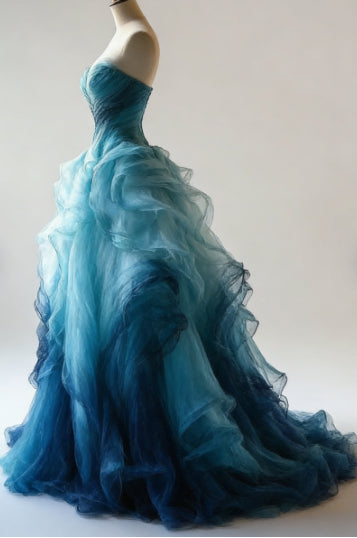 Luxury Ombre Blue Organza Evening Dress A Line Off The Shoulder Prom Dress (ZD01111)
