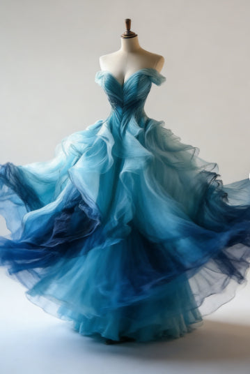 Luxury Ombre Blue Organza Evening Dress A Line Off The Shoulder Prom Dress (ZD01111)
