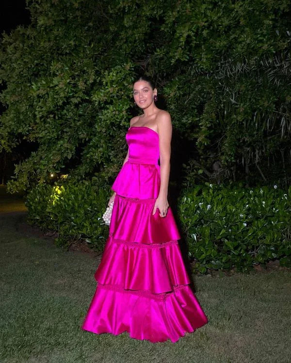 Beautiful Strapless Satin Tiered Party Prom Dress Hot Pink Satin A Line Evening Gown Y8003 by simplepromdress