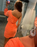 One Shoulder Orange Satin Tight Homecoming Dress with Beading Long Sleeves Y2905 by simplepromdress