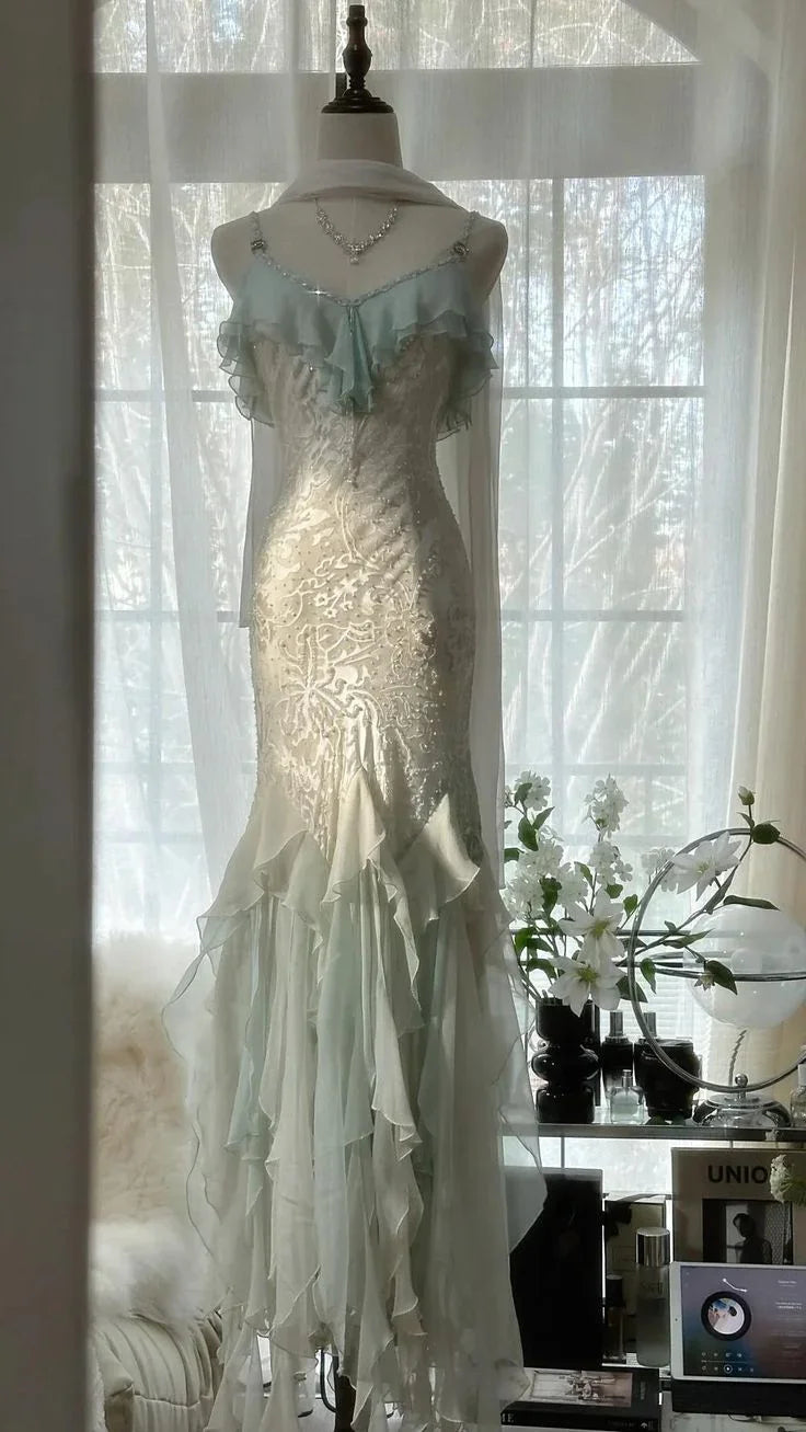 Classy Mint Green Temperament Mermaid Spaghetti Strap Chiffon Beaded Evening Dress Formal Prom Dress Y8546 by simplepromdress