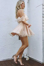 A-Line Off Shoulder Mid Back Lace Homecoming Dresses by Ombreprom