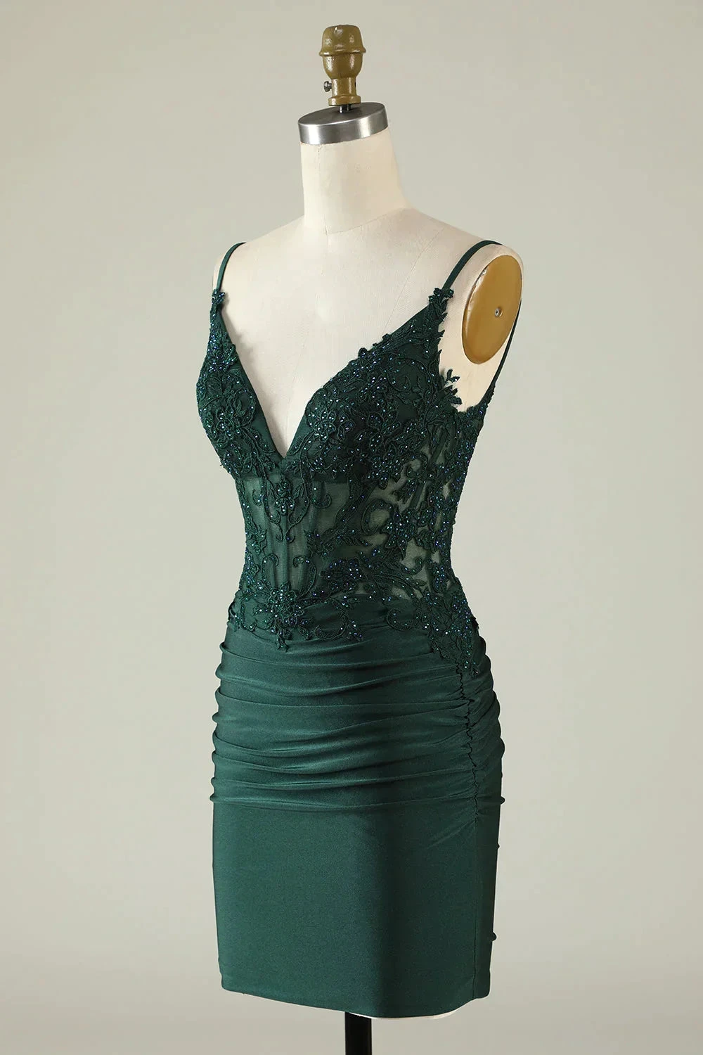 Tight V-Neck Dark Green Pleated Homecoming Dress with Appliques Y2660 by simplepromdress
