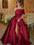 A-Line/Princess Satin Ruffles One-Shoulder Sleeveless Sweep/Brush Train Evening Dress Y5537 by simplepromdress