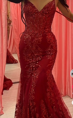 Charming Red Tulle Lace Mermaid Prom Dress Evening Gown Y7854